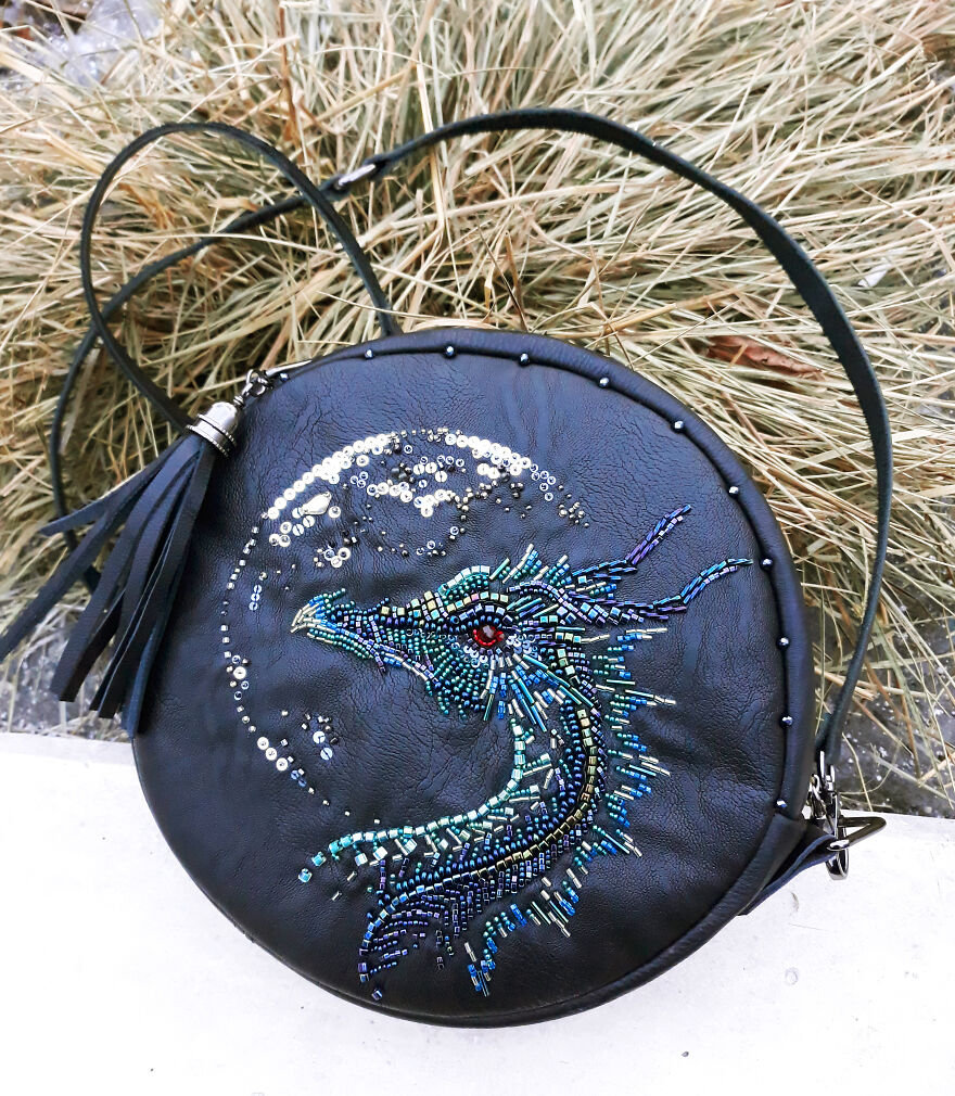Dragon Moon Beaded Leather Circle Bag
