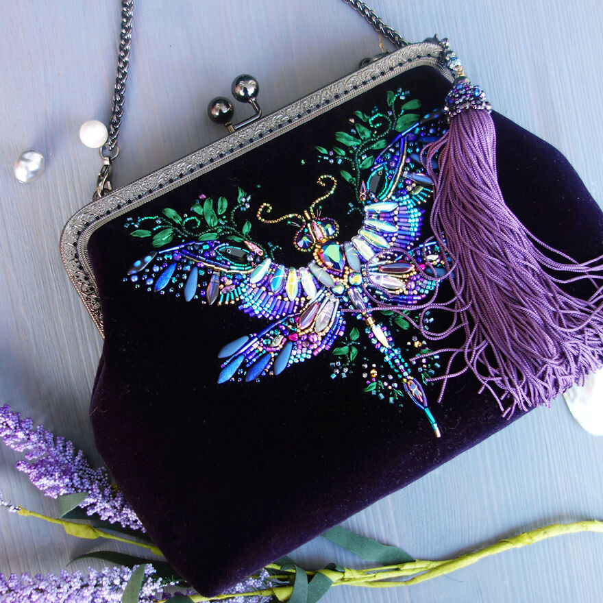 Magic Dragonfly Beaded Velvet Clutch Bag