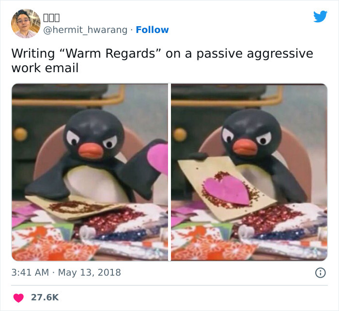 Penguin humorously depicts email culture by crafting a passive-aggressive letter with "Warm Regards."