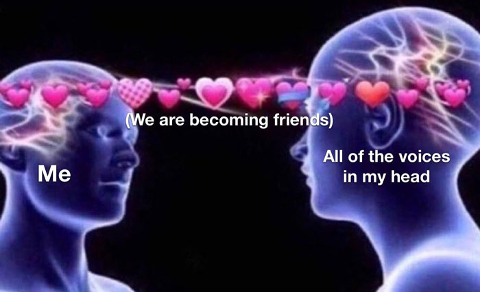 me and the voices in my head becoming friends meme