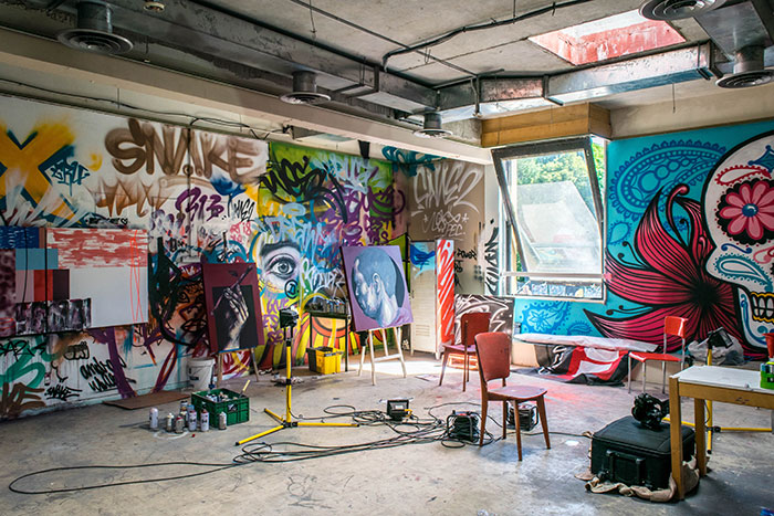 Room with graffiti and art