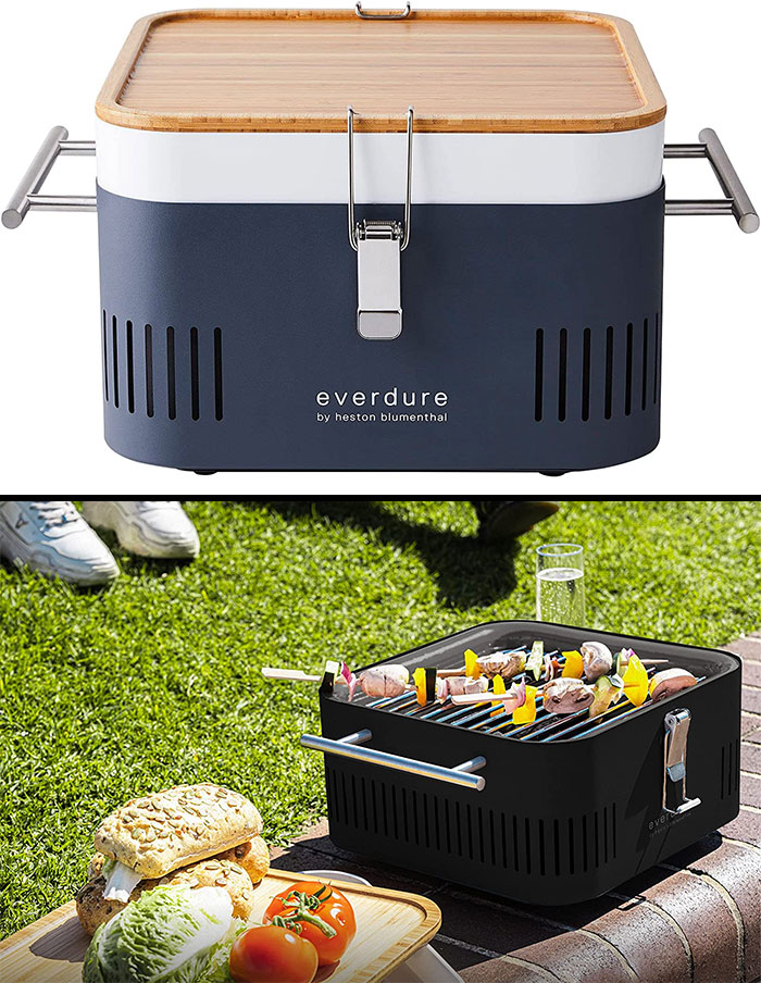 Dark blue and white portable charcoal grill