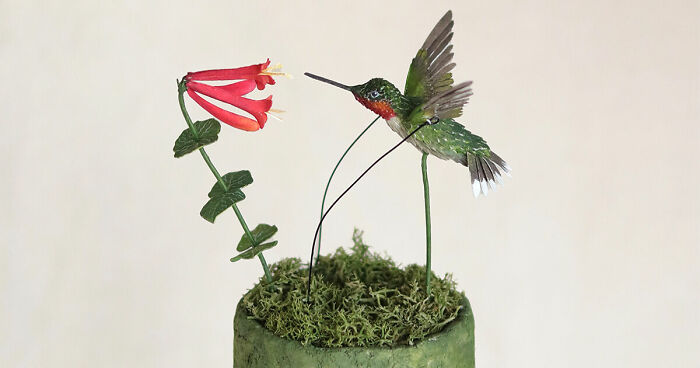 Coral Dreams: My Miniature Paper Automata Sculpture Of A Flying Ruby-Throated Hummingbird (4 Pics)