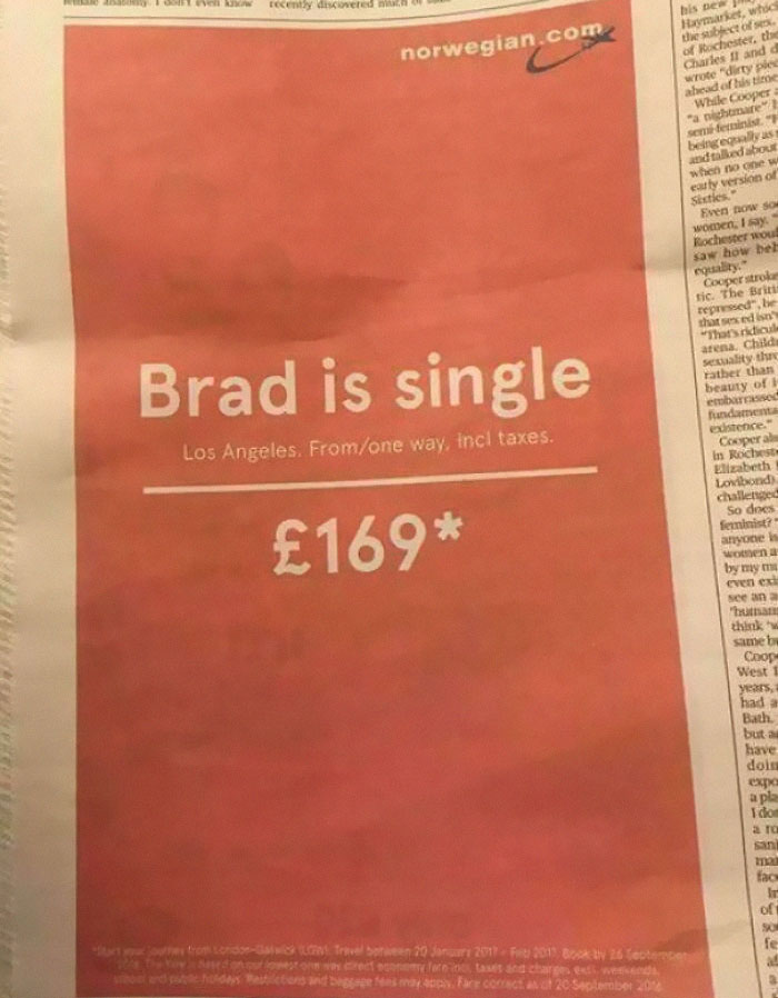 Brad Pitt Is Single Ad By Norwegian Airlines