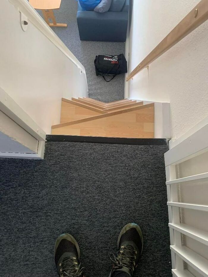 A Set Of Steep Stairs Each Step Alternates So That You Can Only Really Put One Foot On A Step At A Time. It's Also Nearly A Straight Down Angle