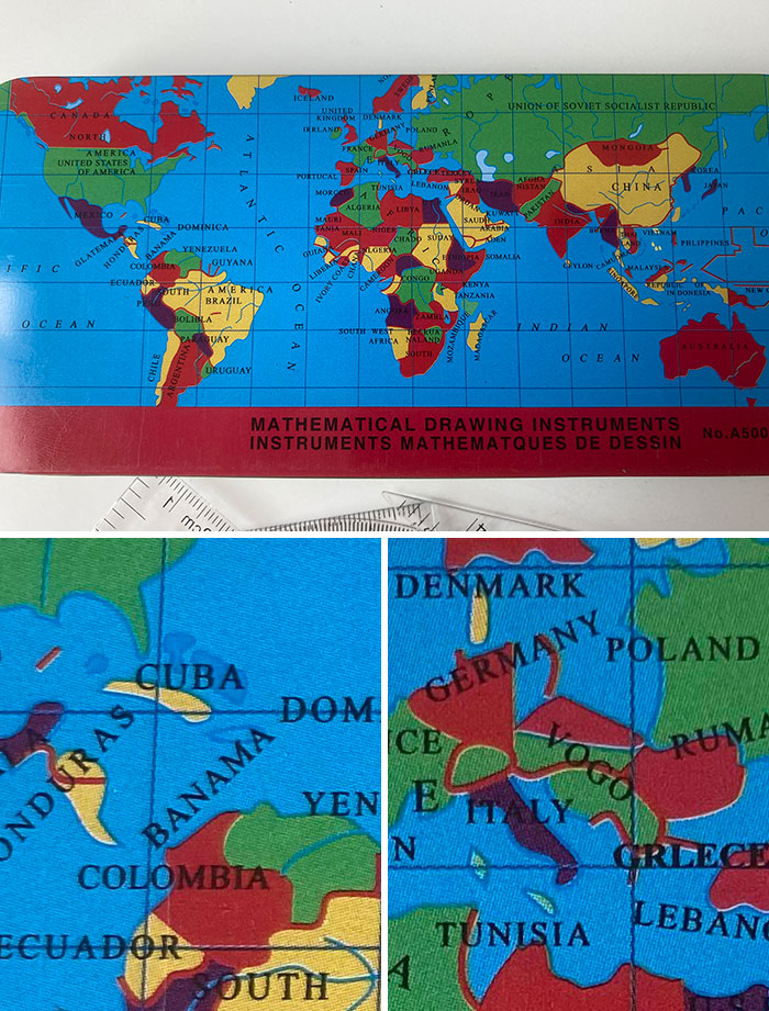 Bought This Geometry Set For My Son, To Help Him In School. Comes With This Map Of The World That Has So Many Countries Spelled Incorrectly