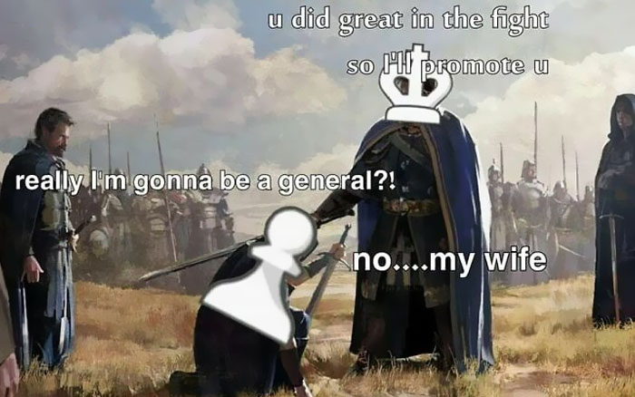 Medieval-themed educational meme with knights, depicting humorous historical promotion scenario.