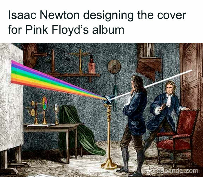 Educational memes featuring Isaac Newton humorously designing Pink Floyd's album cover with a light prism.
