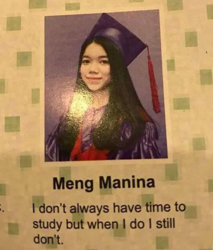 Student in graduation attire with humorous educational meme caption about studying.