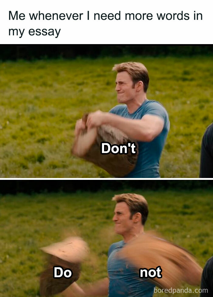 Man humorously tearing log in educational memes context about writing essays.