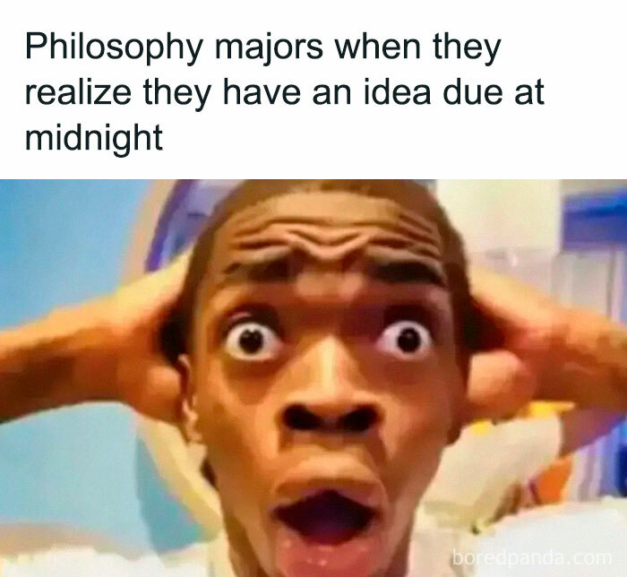 Man with surprised expression, hands on head, illustrating educational memes humor about deadlines.