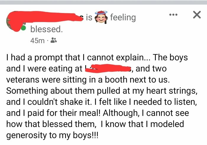 Shaming Anyone Who Brags On Themselves For Being "Generous".. Edited To Add: I Think It's The Punctuation That Makes This Feel Braggy... The "I Paid For Their Meal!!" Line Felt A Little Ick. There Was Maybe A More Humble Way To Word It And I Might Not Have Been Bother By It