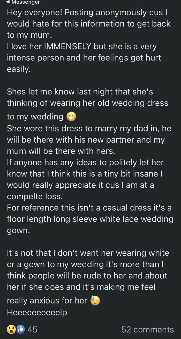Mob Wants To Wear Old Wedding Dress, Her Ex Husband Will Be There With His New Wife