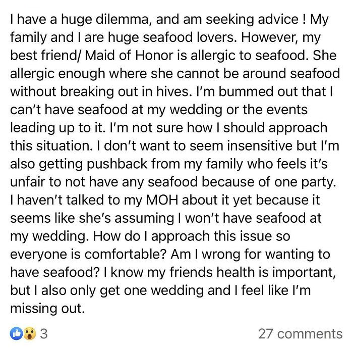 Ah Yes. Someone Potentially Dying At Your Wedding Is A Much Better Idea Than Simply Not Having Seafood For One Day