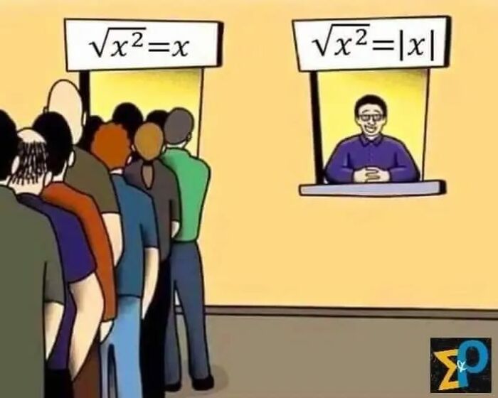 People lined up holding signs with square root math memes showing common misunderstandings in math humor.