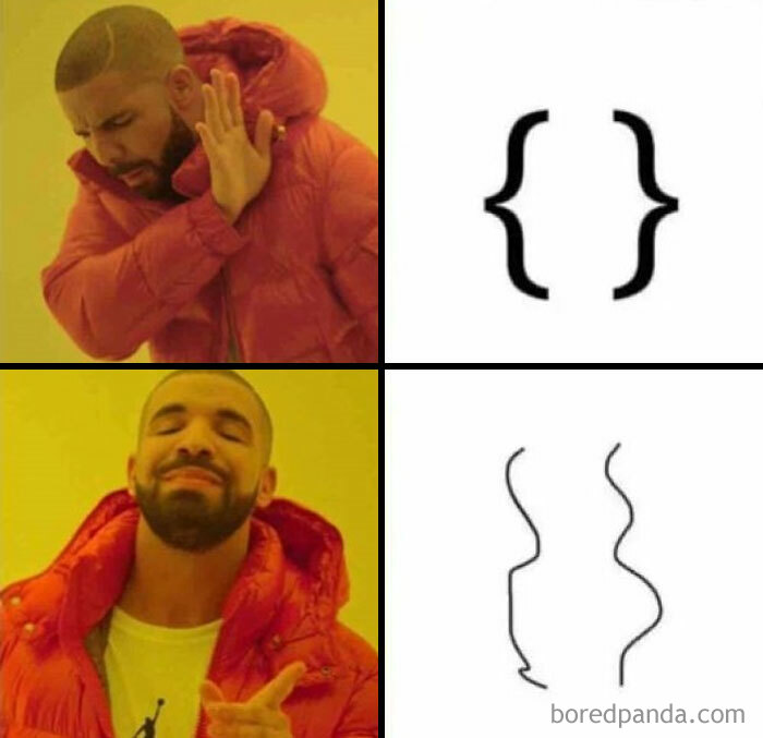 Drake meme expressing preference for math symbol humor with squiggly brackets over curly brackets.
