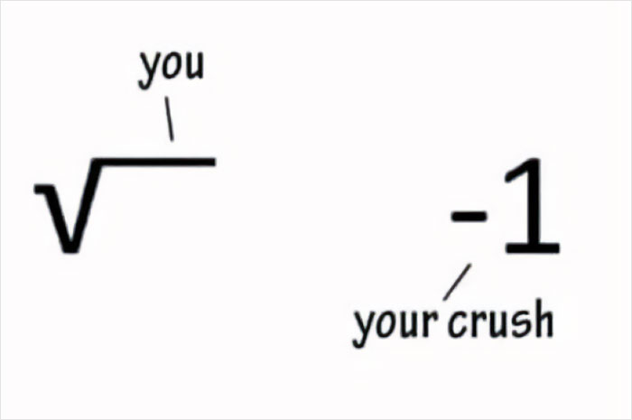 Math meme showing a square root of "you" and negative one labeled as "your crush" for math humor fans.