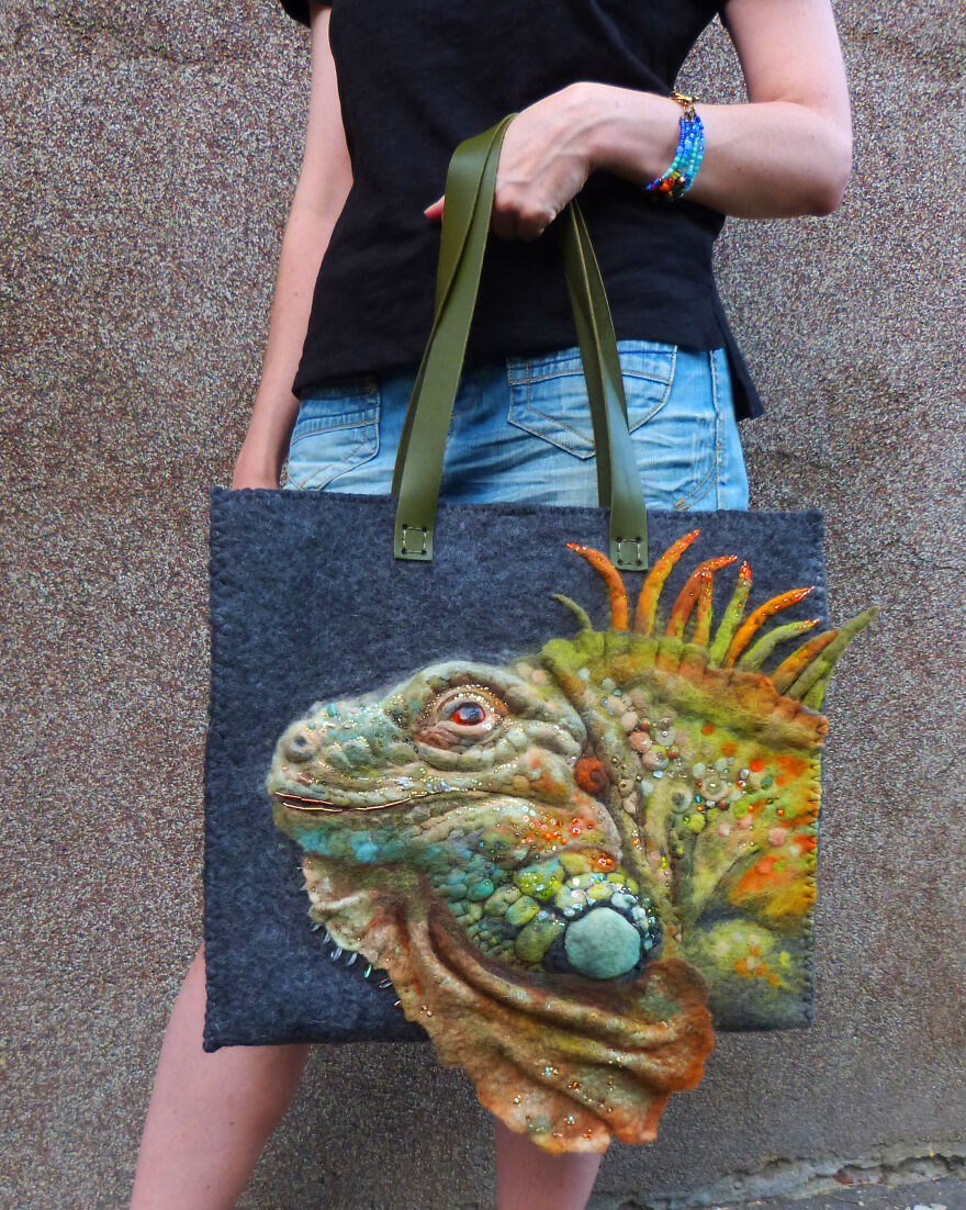 3D Iguana Felted Tote Bag With Beads Embroidery