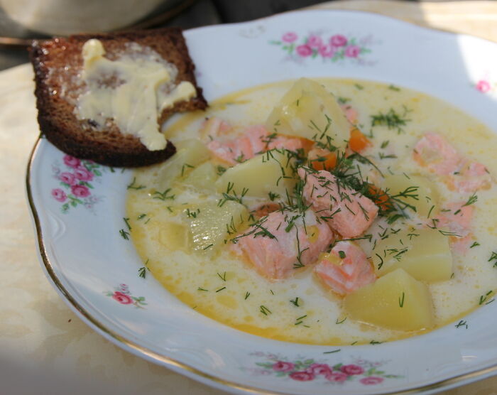 Lohikeitto. Or Salmon Soup With Rye Bread. Finland