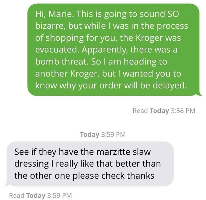 Marie’s Reaction To Me Having To Evacuate The Kroger In The Middle Of Her Batch