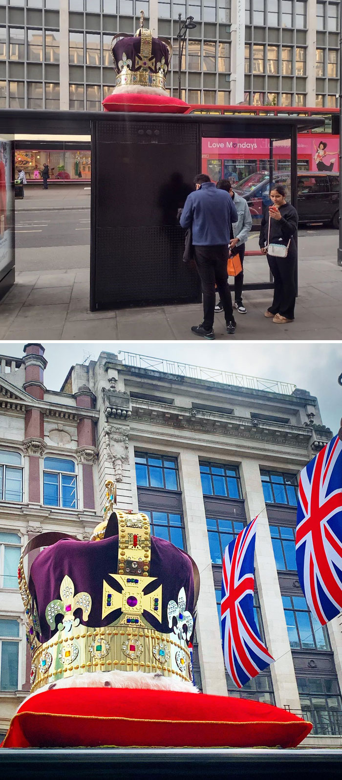Large Replicas Of King Charles's Crown Have Appeared On Top Of Three Bus Stops Along Oxford Street In Celebration Of The King Charles III Coronation