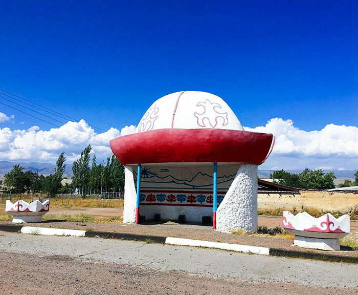 Kyrgyz Hat-Themed Bus Stop In The Village Of Jil-Aryk, Kemin District, Chuy Region, Kyrgyzstan