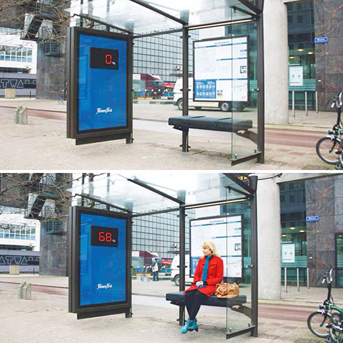This Bus Stop Ad For A Health Club In The Netherlands Had A Scale In The Seat And Displayed The Sitter's Weight For All To See - To Shame Him Or Her Into Joining