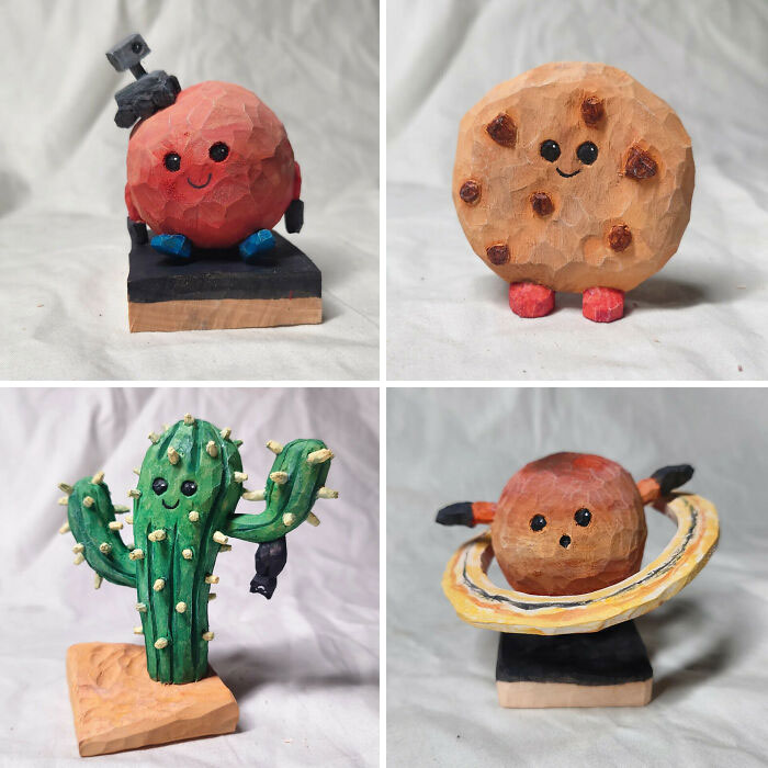 Some Smiley (And One Worried) Wood Carvings I Finished Recently