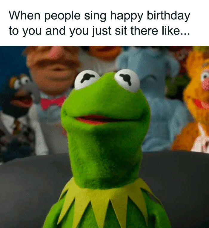 Kermit the Frog meme with a humorous caption about feeling awkward during a birthday song.
