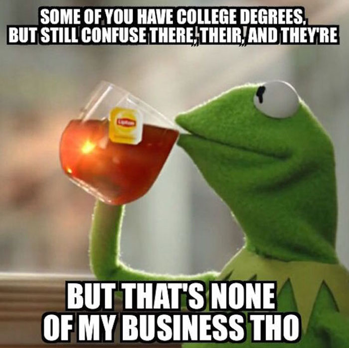 Kermit the Frog sipping tea meme, highlighting a grammatical mistake with humor.