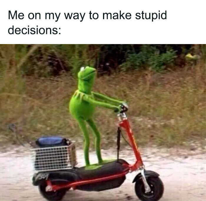 Kermit the Frog riding a scooter with the caption "Me on my way to make stupid decisions."