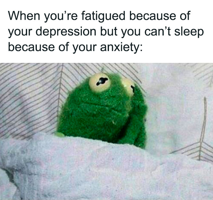 Kermit the Frog lying in bed, looking worried, illustrating a sleeping meme about anxiety and depression.