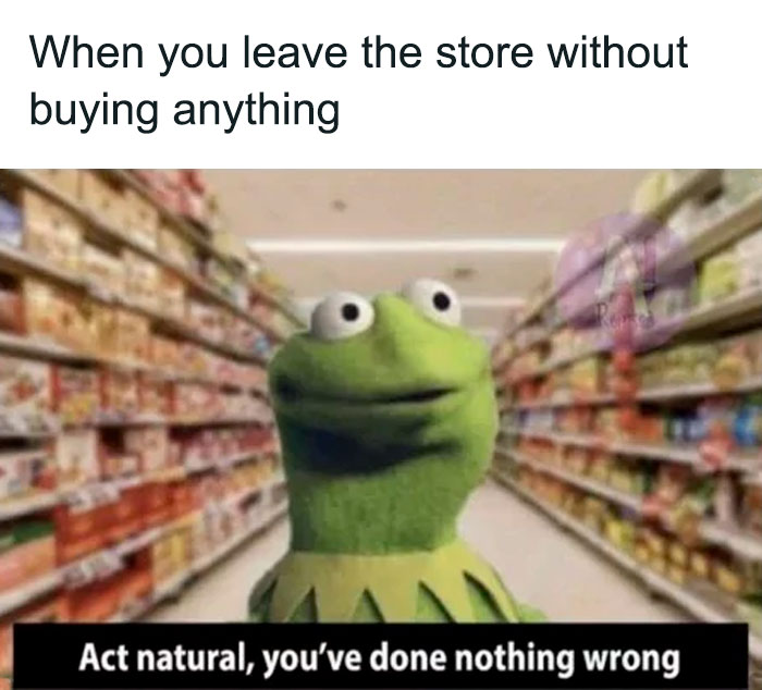 Kermit the Frog meme in a supermarket aisle, looking anxious about leaving without buying anything.