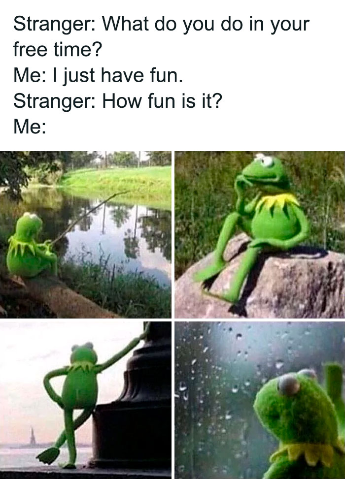 Kermit the Frog enjoying nature by the water in a meme sequence about having fun.