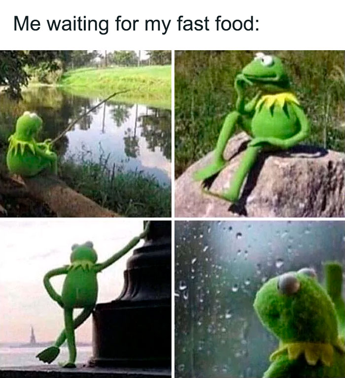 Kermit the Frog meme showing him in various poses, humorously depicting impatience while waiting for fast food.
