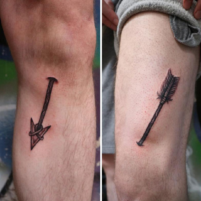 Arrow goes through knee tattoo