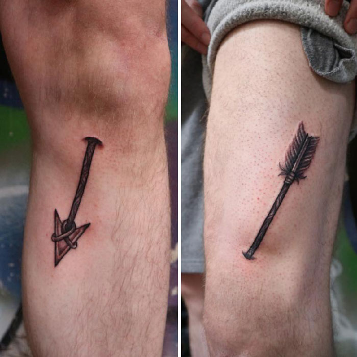 Two knee tattoos featuring an arrow and an axe, showcasing unique tattoo designs.