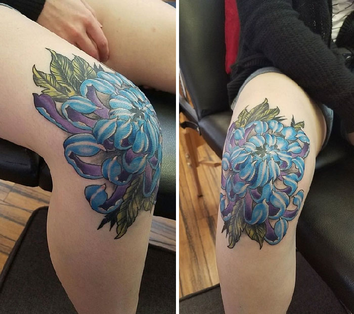 Blue chrysanthemum knee tattoo