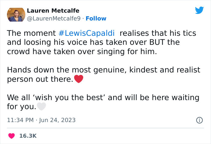 Lewis Capaldi Apologizes To Fans As He Battles Tics During The Show, And The Crowd’s Response Is Amazing Lewis Capaldi Apologizes To Fans As He Battles Tics During The Show, And The Crowd’s Response Is Amazing