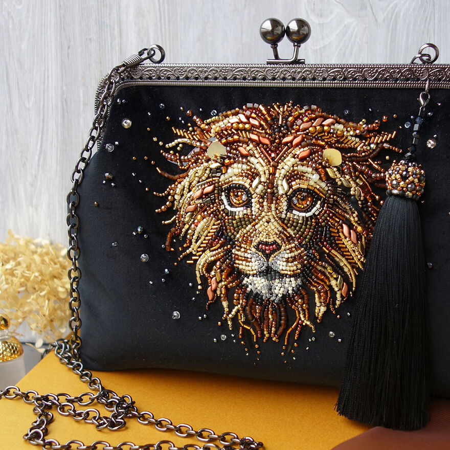 Amber Lion Portrait Beaded Evening Bag With Your Initials