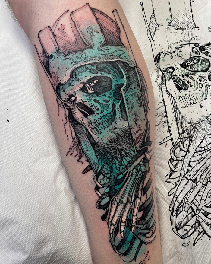 A detailed Lord of the Rings tattoo of a skeletal figure in armor, featuring intricate linework and shading.