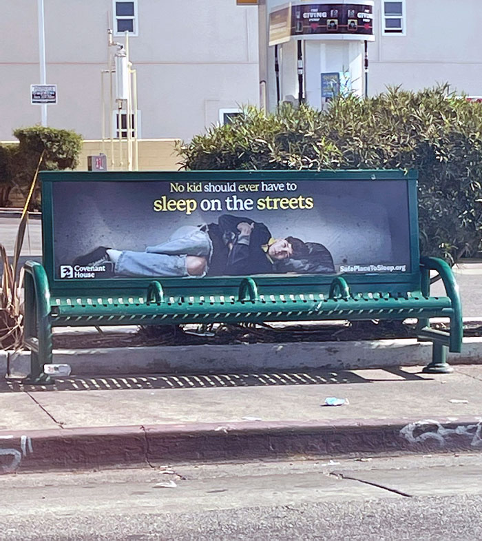 This Bench Advertises That "No Kid Should Ever Have To Sleep On The Streets" And Then Adds Bars So Homeless People Can't Sleep On The Bench