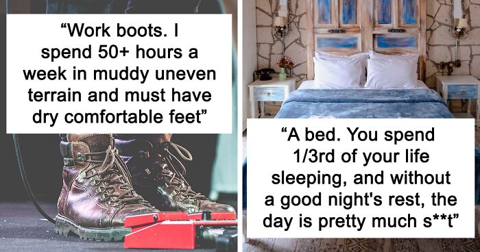 Work boots on muddy terrain and a cozy bed, highlighting items people have learned never to buy cheap.