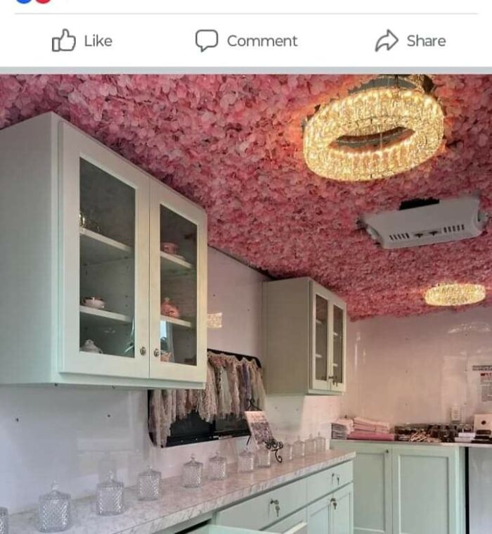 Someone Shared These Artificial Flowers On Kitchen Ceiling In A Craft Shaming Group And All I Could Think Of Was The Grease And Moisture And Dust That Would Accumulate On That.... Maybe It Would Be Cute In Like A Bedroom, Nut Definitely Not A Great Idea For A Kitchen Imo