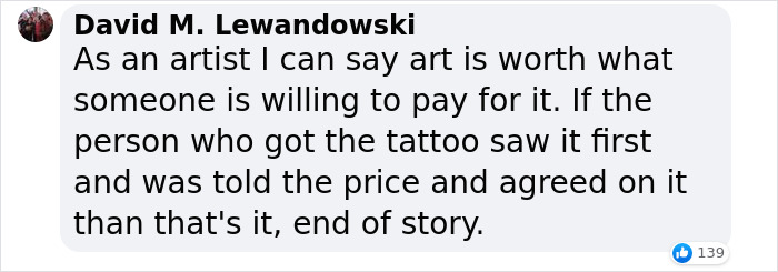Comment discussing back tattoo pricing debate by a tattoo artist. Comment discussing back tattoo pricing debate by a tattoo artist.