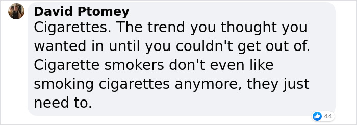Social media post discussing smoking habits and addiction trends. Social media post discussing smoking habits and addiction trends.