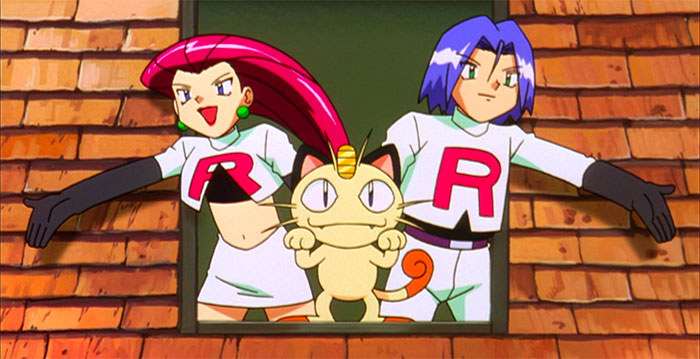 James, Jessie and Meowth are standing from roof window