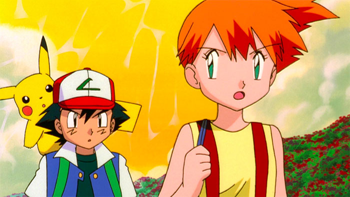 Misty Williams, Ash Ketchum and Pikachu are walking outside