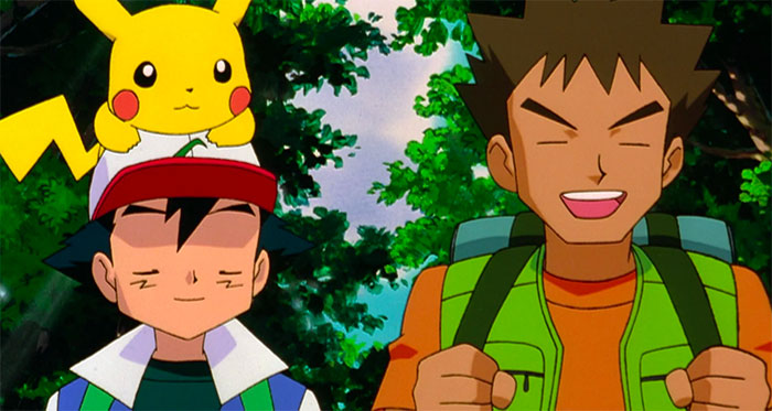 Brock Harrison, Ash Ketchum and Pikachu in forest