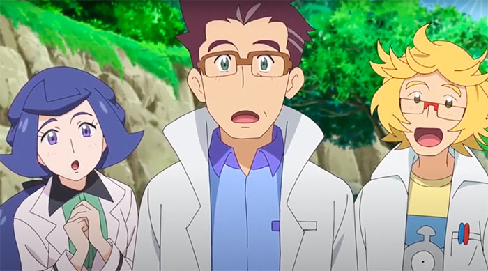 Professor Sakuragi, Ren and Kikuna standing with their mouths open and surprised